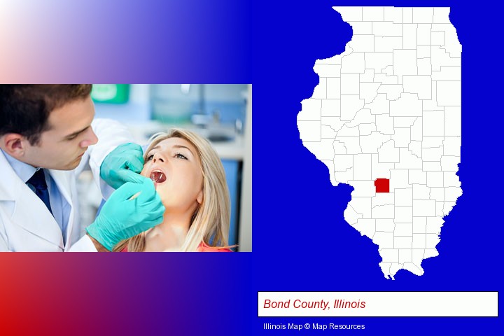 a dentist examining teeth; Bond County, Illinois highlighted in red on a map
