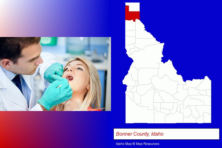 a dentist examining teeth; Bonner County, Idaho highlighted in red on a map
