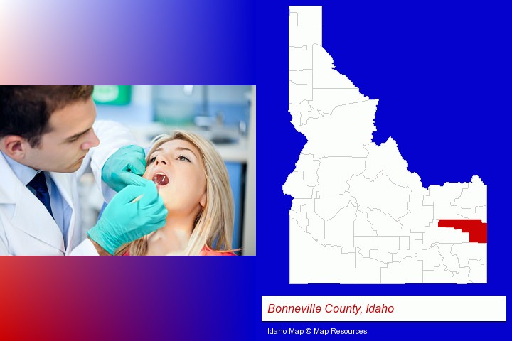 a dentist examining teeth; Bonneville County, Idaho highlighted in red on a map