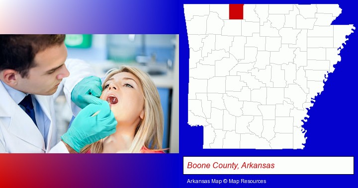 a dentist examining teeth; Boone County, Arkansas highlighted in red on a map