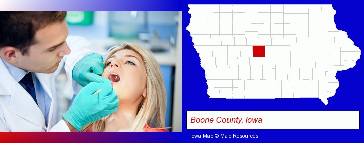 a dentist examining teeth; Boone County, Iowa highlighted in red on a map