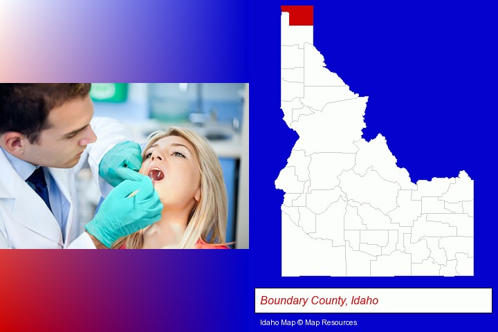 a dentist examining teeth; Boundary County, Idaho highlighted in red on a map