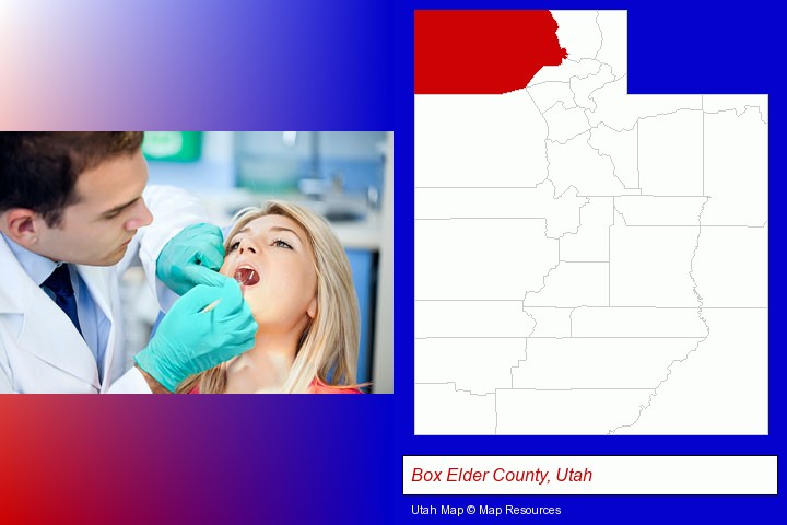 a dentist examining teeth; Box Elder County, Utah highlighted in red on a map
