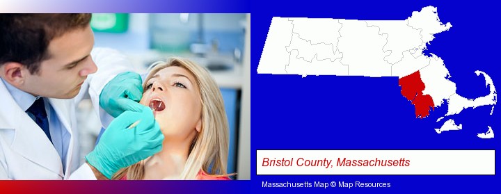 a dentist examining teeth; Bristol County, Massachusetts highlighted in red on a map