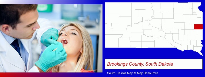 a dentist examining teeth; Brookings County, South Dakota highlighted in red on a map