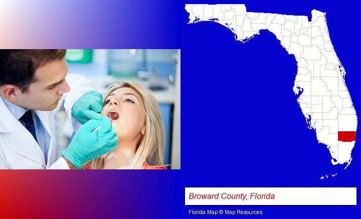 a dentist examining teeth; Broward County, Florida highlighted in red on a map