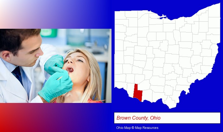 a dentist examining teeth; Brown County, Ohio highlighted in red on a map