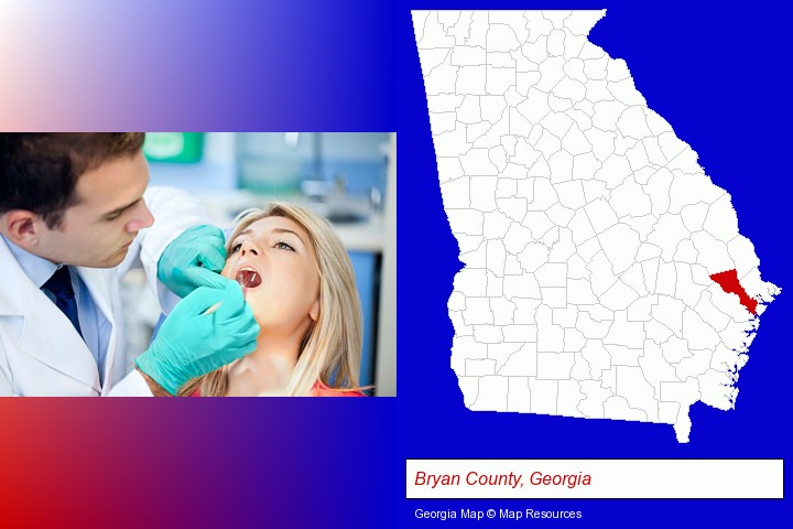 a dentist examining teeth; Bryan County, Georgia highlighted in red on a map