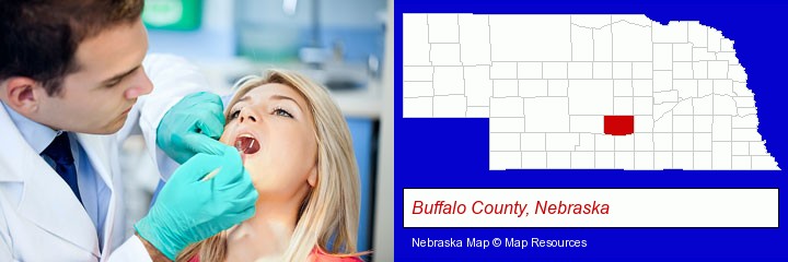 a dentist examining teeth; Buffalo County, Nebraska highlighted in red on a map