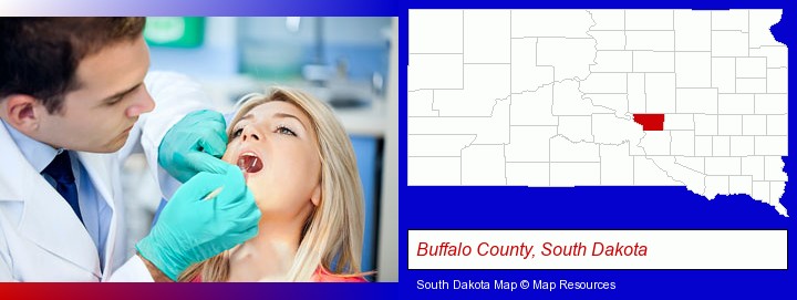 a dentist examining teeth; Buffalo County, South Dakota highlighted in red on a map