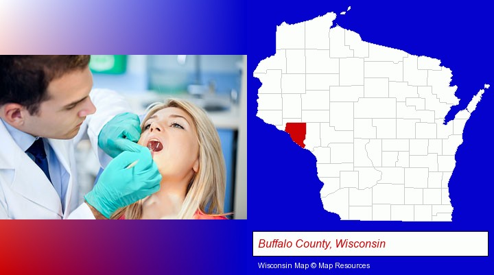 a dentist examining teeth; Buffalo County, Wisconsin highlighted in red on a map