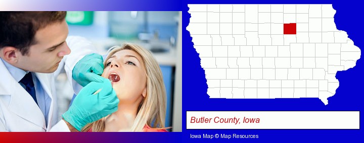 a dentist examining teeth; Butler County, Iowa highlighted in red on a map