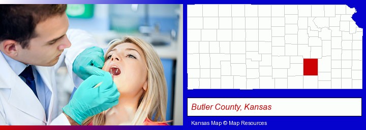 a dentist examining teeth; Butler County, Kansas highlighted in red on a map