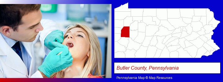a dentist examining teeth; Butler County, Pennsylvania highlighted in red on a map