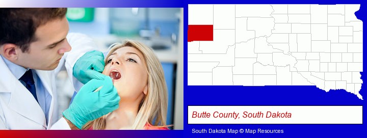 a dentist examining teeth; Butte County, South Dakota highlighted in red on a map