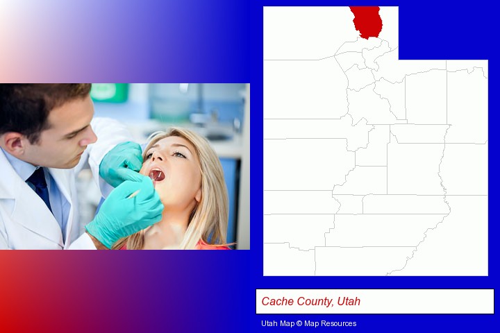 a dentist examining teeth; Cache County, Utah highlighted in red on a map