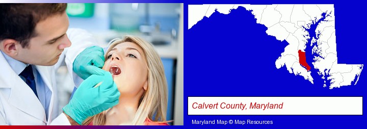 a dentist examining teeth; Calvert County, Maryland highlighted in red on a map