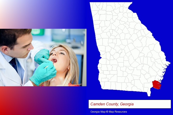 a dentist examining teeth; Camden County, Georgia highlighted in red on a map