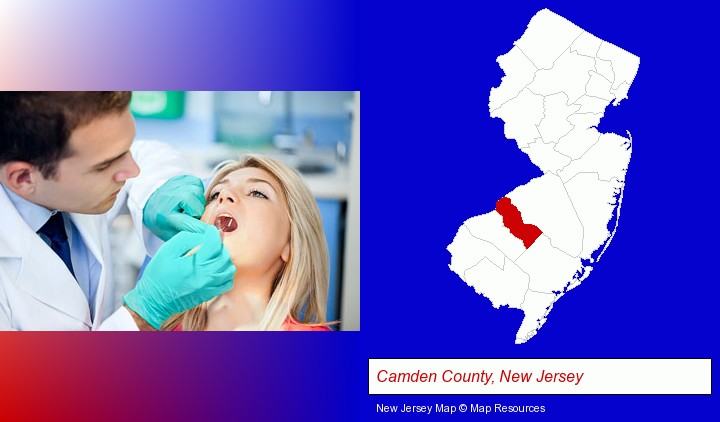 a dentist examining teeth; Camden County, New Jersey highlighted in red on a map