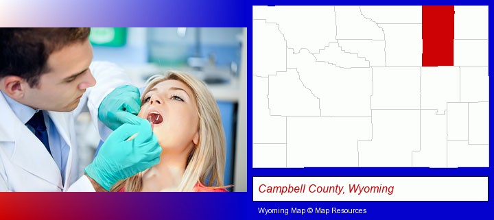 a dentist examining teeth; Campbell County, Wyoming highlighted in red on a map