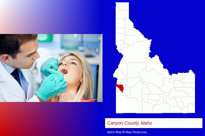 a dentist examining teeth; Canyon County, Idaho highlighted in red on a map