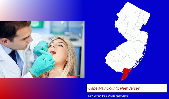 a dentist examining teeth; Cape May County, New Jersey highlighted in red on a map