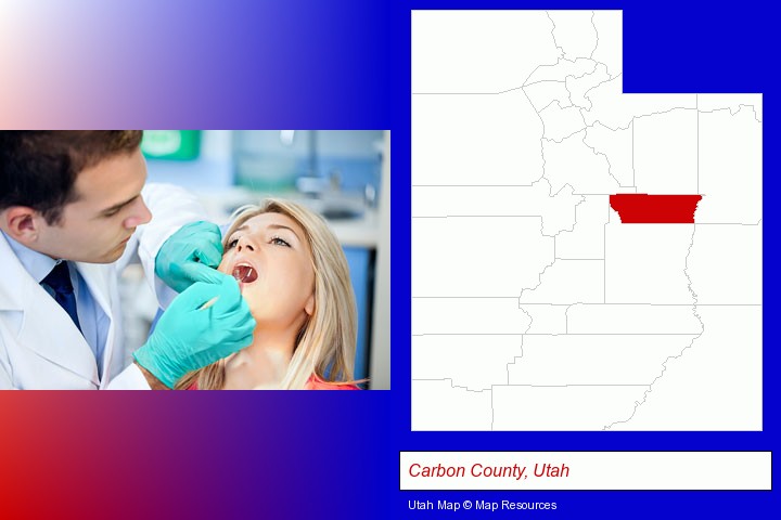 a dentist examining teeth; Carbon County, Utah highlighted in red on a map