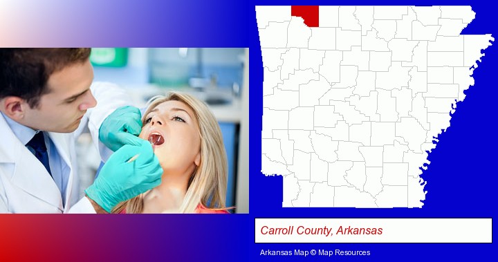 a dentist examining teeth; Carroll County, Arkansas highlighted in red on a map