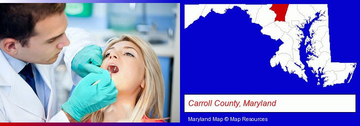 a dentist examining teeth; Carroll County, Maryland highlighted in red on a map