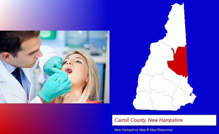 a dentist examining teeth; Carroll County, New Hampshire highlighted in red on a map