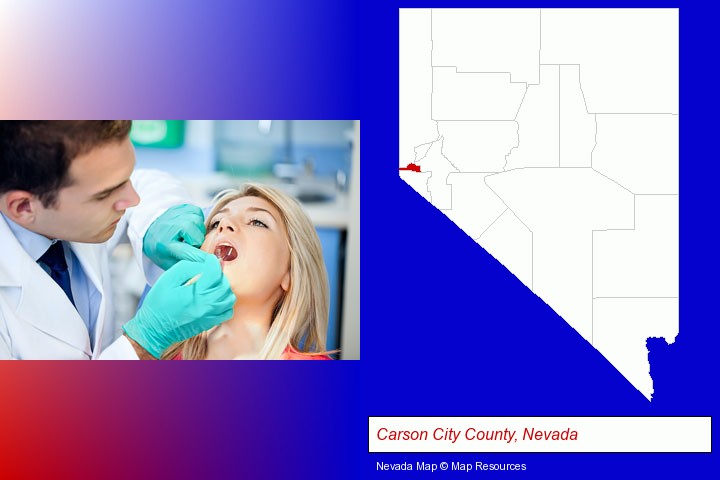 a dentist examining teeth; Carson City County, Nevada highlighted in red on a map
