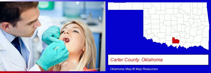 a dentist examining teeth; Carter County, Oklahoma highlighted in red on a map