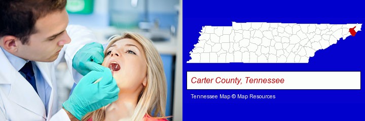 a dentist examining teeth; Carter County, Tennessee highlighted in red on a map