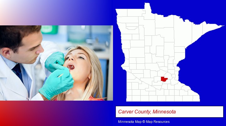 a dentist examining teeth; Carver County, Minnesota highlighted in red on a map