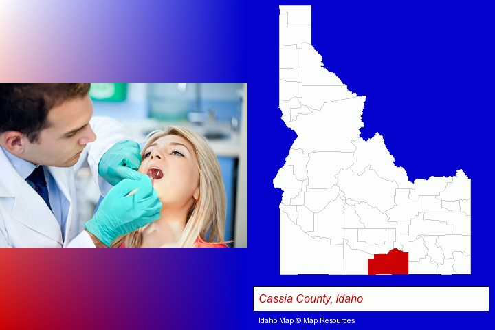 a dentist examining teeth; Cassia County, Idaho highlighted in red on a map