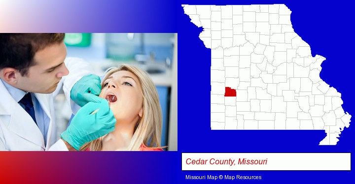 a dentist examining teeth; Cedar County, Missouri highlighted in red on a map