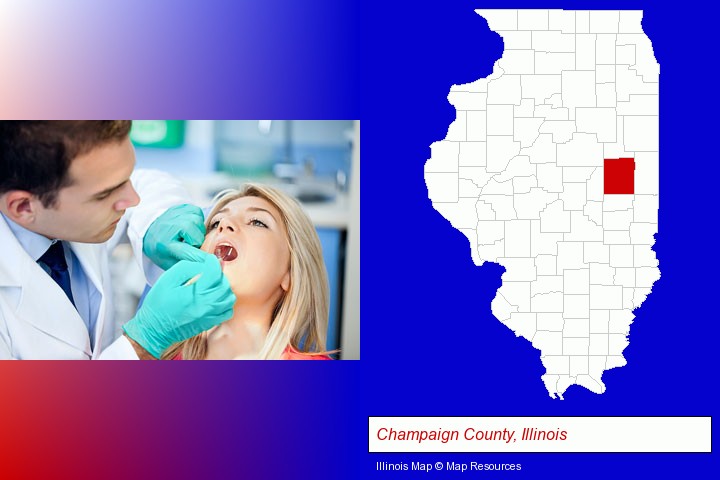 a dentist examining teeth; Champaign County, Illinois highlighted in red on a map