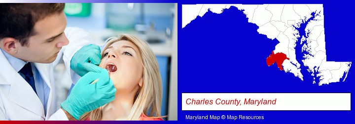 a dentist examining teeth; Charles County, Maryland highlighted in red on a map