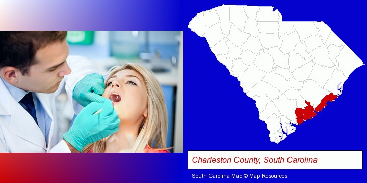 a dentist examining teeth; Charleston County, South Carolina highlighted in red on a map