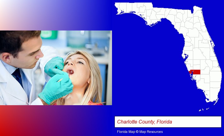 a dentist examining teeth; Charlotte County, Florida highlighted in red on a map