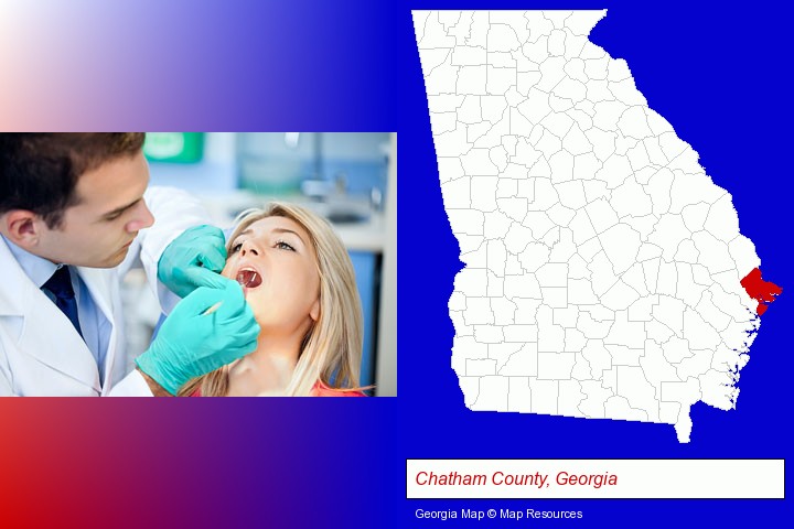a dentist examining teeth; Chatham County, Georgia highlighted in red on a map