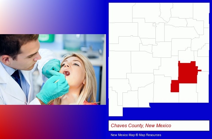 a dentist examining teeth; Chaves County, New Mexico highlighted in red on a map