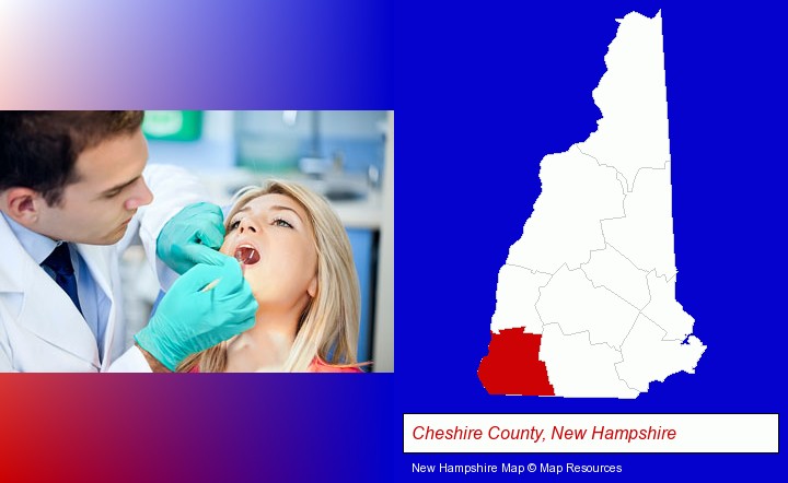 a dentist examining teeth; Cheshire County, New Hampshire highlighted in red on a map