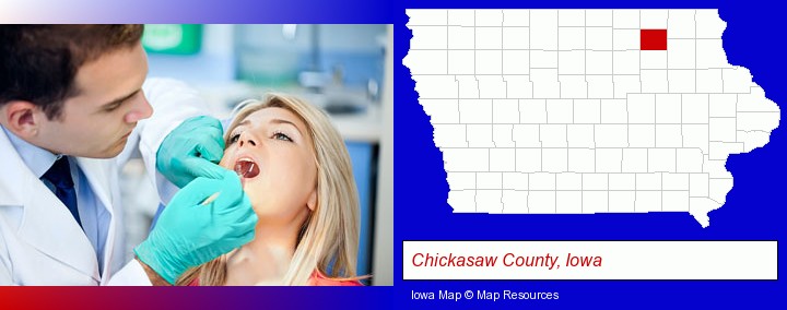 a dentist examining teeth; Chickasaw County, Iowa highlighted in red on a map