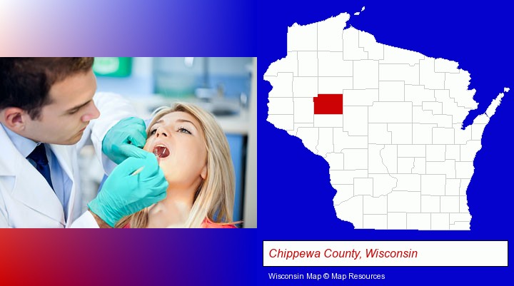 a dentist examining teeth; Chippewa County, Wisconsin highlighted in red on a map
