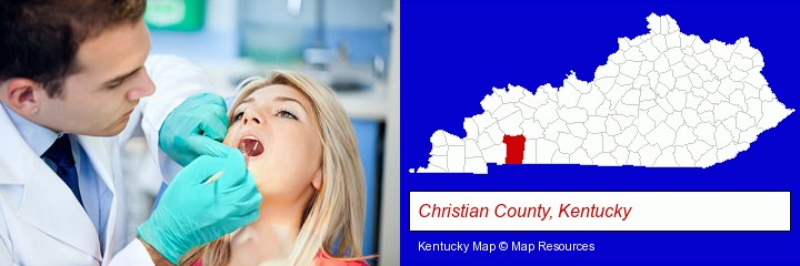 a dentist examining teeth; Christian County, Kentucky highlighted in red on a map