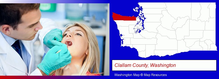 a dentist examining teeth; Clallam County, Washington highlighted in red on a map