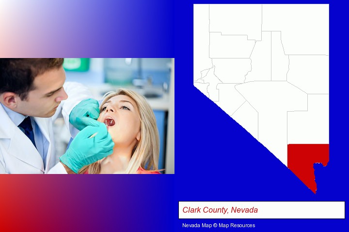 a dentist examining teeth; Clark County, Nevada highlighted in red on a map