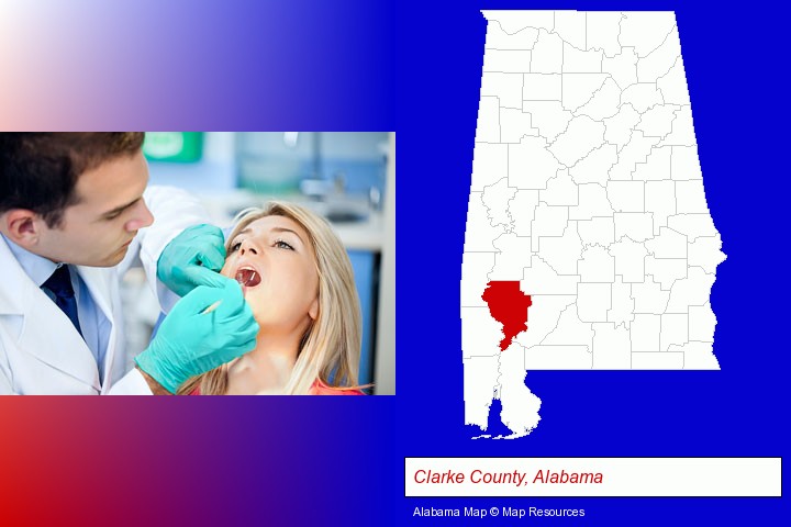 a dentist examining teeth; Clarke County, Alabama highlighted in red on a map