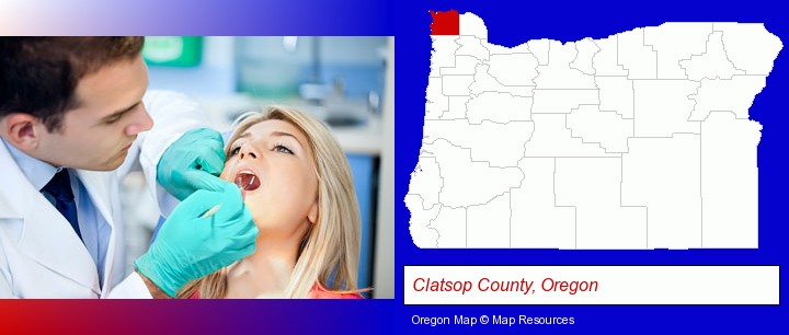 a dentist examining teeth; Clatsop County, Oregon highlighted in red on a map